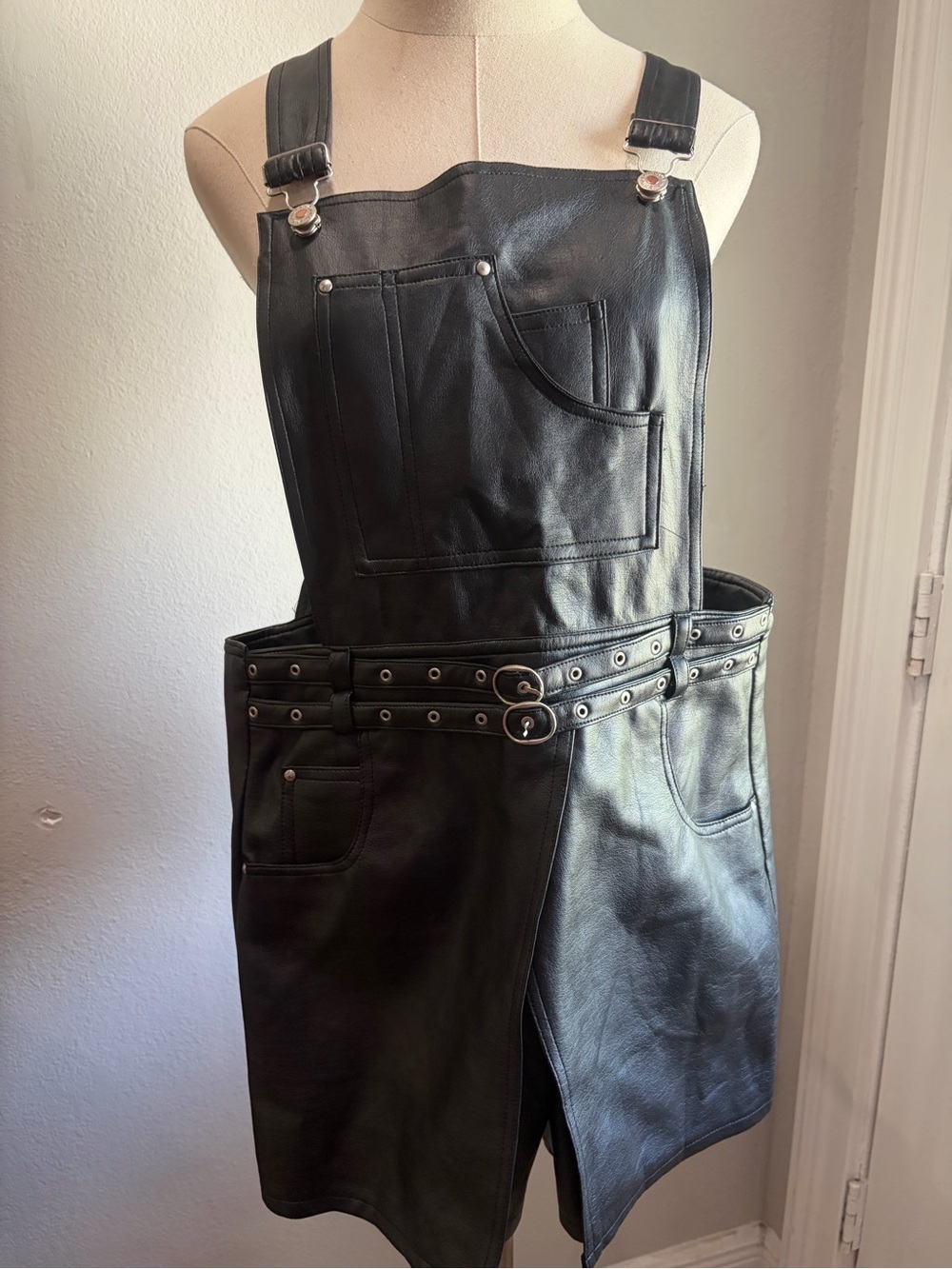 Black Faux Leather Women’s Overall Skirt with Double Grommet Belts